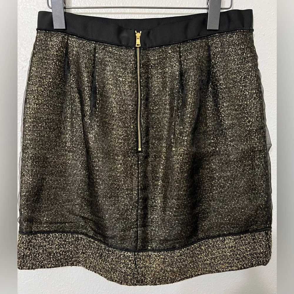LOFT Black Gold Sheer Metallic Wool Skirt Mesh Overlay Satin Piping Gold Exposed